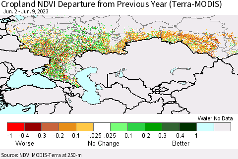 Russian Federation Cropland NDVI Departure from Previous Year (Terra-MODIS) Thematic Map For 6/2/2023 - 6/9/2023