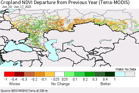Russian Federation Cropland NDVI Departure from Previous Year (Terra-MODIS) Thematic Map For 6/10/2023 - 6/17/2023