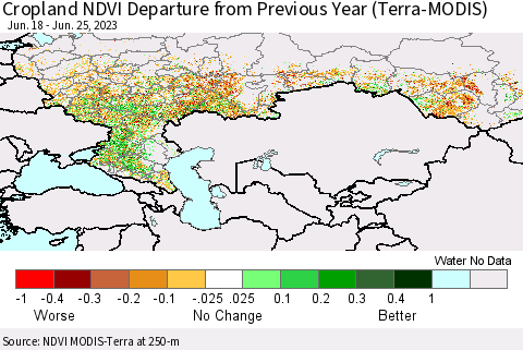 Russian Federation Cropland NDVI Departure from Previous Year (Terra-MODIS) Thematic Map For 6/18/2023 - 6/25/2023
