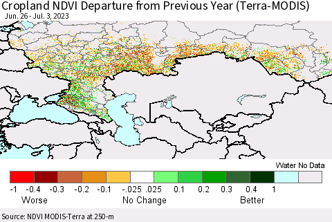 Russian Federation Cropland NDVI Departure from Previous Year (Terra-MODIS) Thematic Map For 6/26/2023 - 7/3/2023