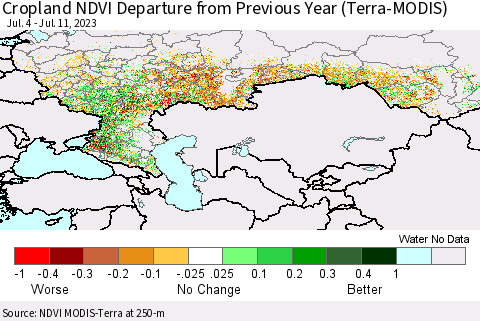 Russian Federation Cropland NDVI Departure from Previous Year (Terra-MODIS) Thematic Map For 7/4/2023 - 7/11/2023