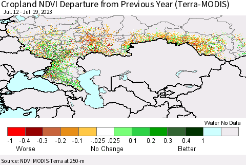 Russian Federation Cropland NDVI Departure from Previous Year (Terra-MODIS) Thematic Map For 7/12/2023 - 7/19/2023