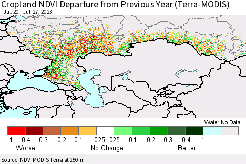Russian Federation Cropland NDVI Departure from Previous Year (Terra-MODIS) Thematic Map For 7/20/2023 - 7/27/2023