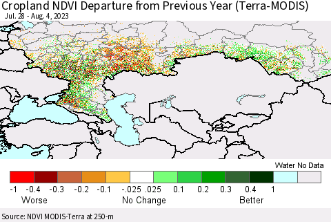 Russian Federation Cropland NDVI Departure from Previous Year (Terra-MODIS) Thematic Map For 7/28/2023 - 8/4/2023