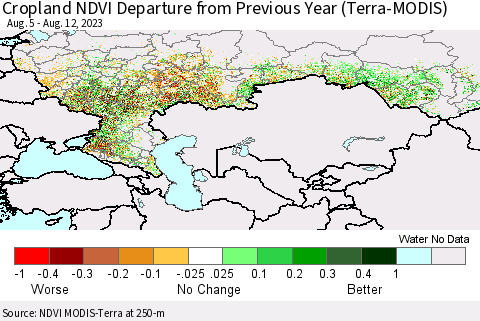 Russian Federation Cropland NDVI Departure from Previous Year (Terra-MODIS) Thematic Map For 8/5/2023 - 8/12/2023