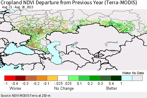 Russian Federation Cropland NDVI Departure from Previous Year (Terra-MODIS) Thematic Map For 8/21/2023 - 8/28/2023