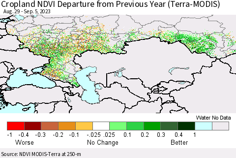 Russian Federation Cropland NDVI Departure from Previous Year (Terra-MODIS) Thematic Map For 8/29/2023 - 9/5/2023