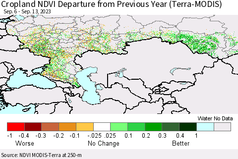 Russian Federation Cropland NDVI Departure from Previous Year (Terra-MODIS) Thematic Map For 9/6/2023 - 9/13/2023