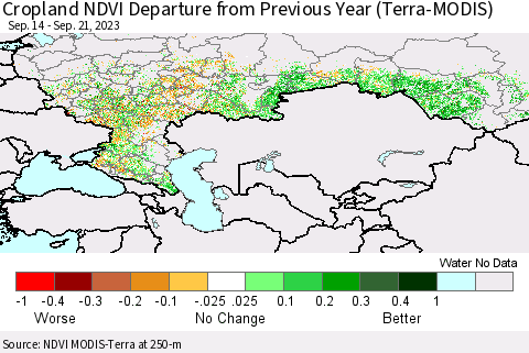 Russian Federation Cropland NDVI Departure from Previous Year (Terra-MODIS) Thematic Map For 9/14/2023 - 9/21/2023