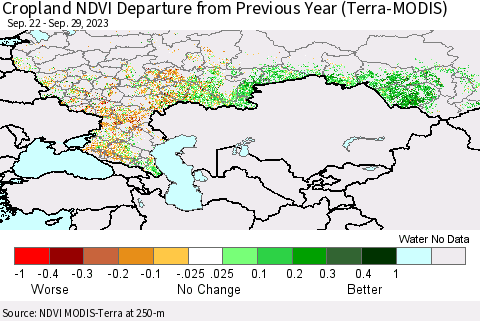 Russian Federation Cropland NDVI Departure from Previous Year (Terra-MODIS) Thematic Map For 9/22/2023 - 9/29/2023