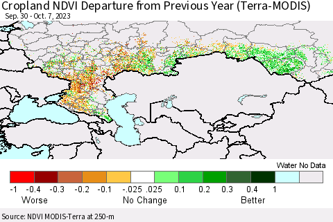 Russian Federation Cropland NDVI Departure from Previous Year (Terra-MODIS) Thematic Map For 9/30/2023 - 10/7/2023