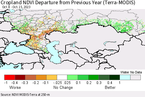 Russian Federation Cropland NDVI Departure from Previous Year (Terra-MODIS) Thematic Map For 10/8/2023 - 10/15/2023
