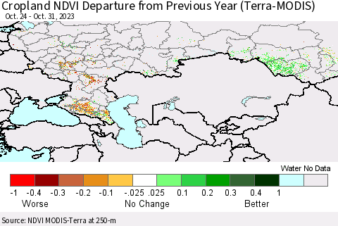 Russian Federation Cropland NDVI Departure from Previous Year (Terra-MODIS) Thematic Map For 10/24/2023 - 10/31/2023