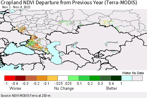 Russian Federation Cropland NDVI Departure from Previous Year (Terra-MODIS) Thematic Map For 11/1/2023 - 11/8/2023