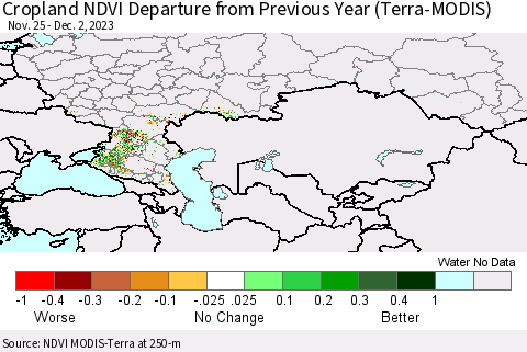 Russian Federation Cropland NDVI Departure from Previous Year (Terra-MODIS) Thematic Map For 11/25/2023 - 12/2/2023