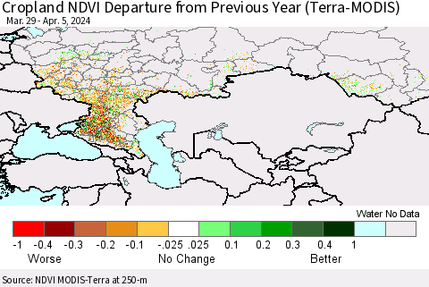 Russian Federation Cropland NDVI Departure from Previous Year (Terra-MODIS) Thematic Map For 3/29/2024 - 4/5/2024