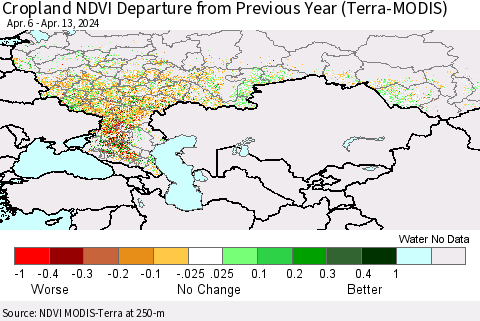 Russian Federation Cropland NDVI Departure from Previous Year (Terra-MODIS) Thematic Map For 4/6/2024 - 4/13/2024