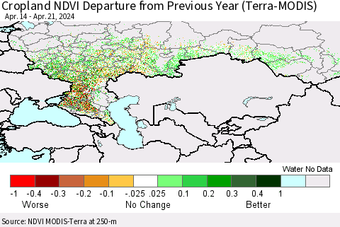 Russian Federation Cropland NDVI Departure from Previous Year (Terra-MODIS) Thematic Map For 4/14/2024 - 4/21/2024