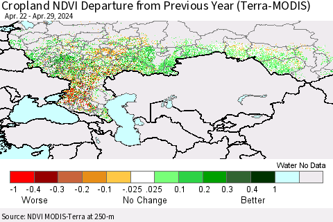 Russian Federation Cropland NDVI Departure from Previous Year (Terra-MODIS) Thematic Map For 4/22/2024 - 4/29/2024