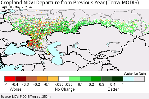 Russian Federation Cropland NDVI Departure from Previous Year (Terra-MODIS) Thematic Map For 4/30/2024 - 5/7/2024