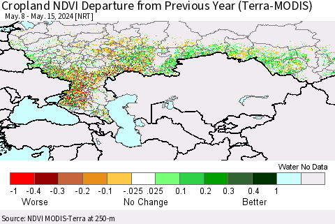 Russian Federation Cropland NDVI Departure from Previous Year (Terra-MODIS) Thematic Map For 5/8/2024 - 5/15/2024