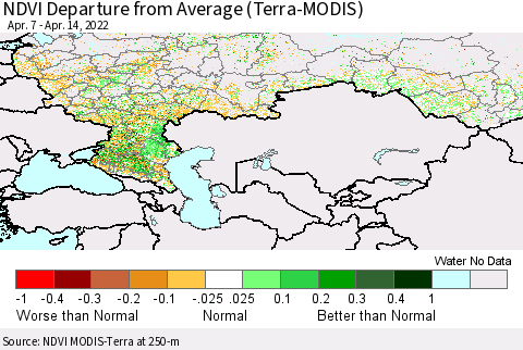 Russian Federation NDVI Departure from Average (Terra-MODIS) Thematic Map For 4/7/2022 - 4/14/2022