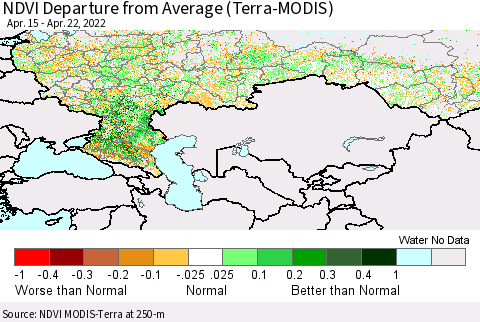 Russian Federation NDVI Departure from Average (Terra-MODIS) Thematic Map For 4/15/2022 - 4/22/2022