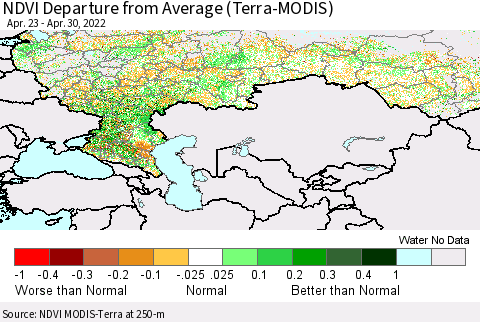 Russian Federation NDVI Departure from Average (Terra-MODIS) Thematic Map For 4/23/2022 - 4/30/2022