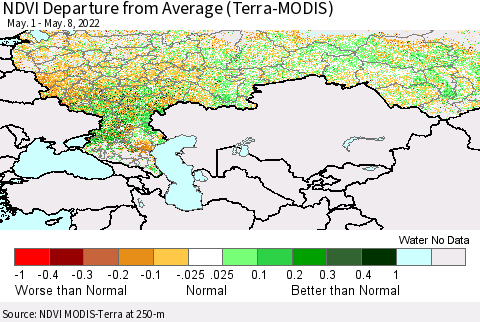 Russian Federation NDVI Departure from Average (Terra-MODIS) Thematic Map For 5/1/2022 - 5/8/2022