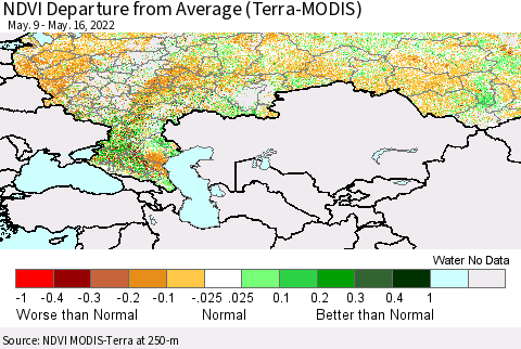 Russian Federation NDVI Departure from Average (Terra-MODIS) Thematic Map For 5/9/2022 - 5/16/2022