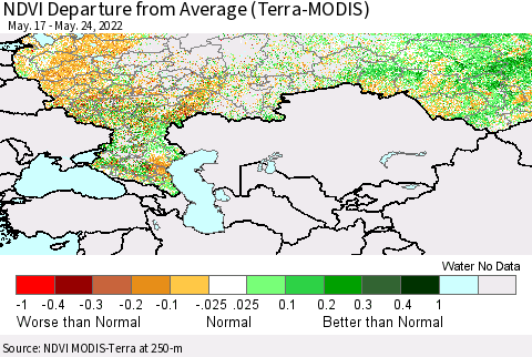 Russian Federation NDVI Departure from Average (Terra-MODIS) Thematic Map For 5/17/2022 - 5/24/2022