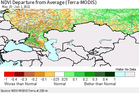 Russian Federation NDVI Departure from Average (Terra-MODIS) Thematic Map For 5/25/2022 - 6/1/2022