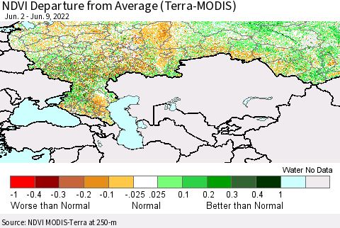 Russian Federation NDVI Departure from Average (Terra-MODIS) Thematic Map For 6/2/2022 - 6/9/2022