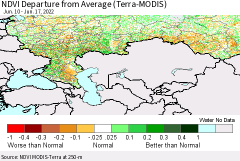 Russian Federation NDVI Departure from Average (Terra-MODIS) Thematic Map For 6/10/2022 - 6/17/2022