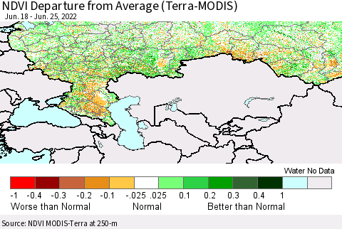 Russian Federation NDVI Departure from Average (Terra-MODIS) Thematic Map For 6/18/2022 - 6/25/2022