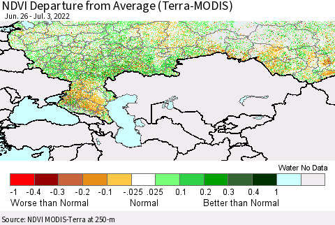 Russian Federation NDVI Departure from Average (Terra-MODIS) Thematic Map For 6/26/2022 - 7/3/2022