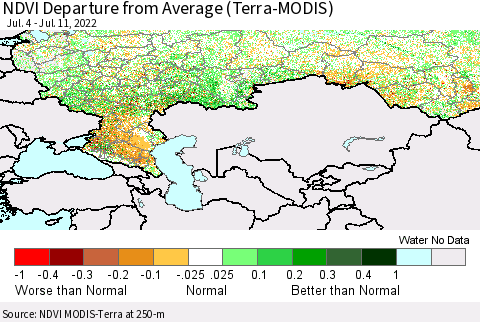 Russian Federation NDVI Departure from Average (Terra-MODIS) Thematic Map For 7/4/2022 - 7/11/2022