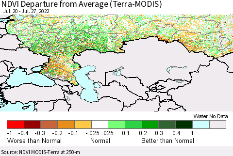 Russian Federation NDVI Departure from Average (Terra-MODIS) Thematic Map For 7/20/2022 - 7/27/2022