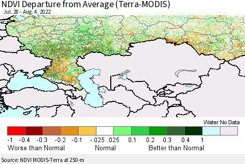 Russian Federation NDVI Departure from Average (Terra-MODIS) Thematic Map For 7/28/2022 - 8/4/2022