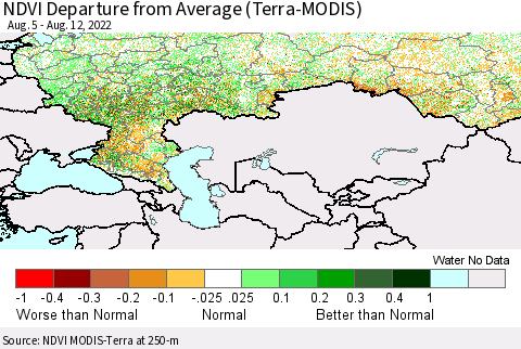 Russian Federation NDVI Departure from Average (Terra-MODIS) Thematic Map For 8/5/2022 - 8/12/2022