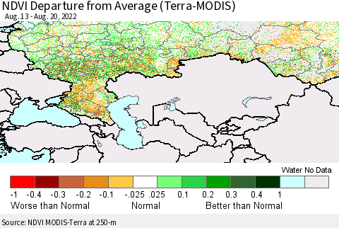 Russian Federation NDVI Departure from Average (Terra-MODIS) Thematic Map For 8/13/2022 - 8/20/2022