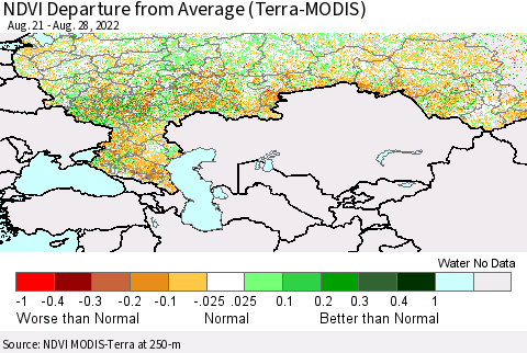Russian Federation NDVI Departure from Average (Terra-MODIS) Thematic Map For 8/21/2022 - 8/28/2022