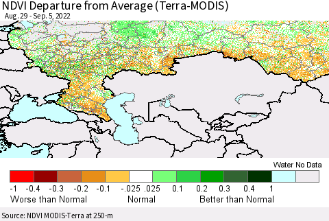 Russian Federation NDVI Departure from Average (Terra-MODIS) Thematic Map For 8/29/2022 - 9/5/2022