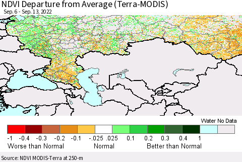 Russian Federation NDVI Departure from Average (Terra-MODIS) Thematic Map For 9/6/2022 - 9/13/2022