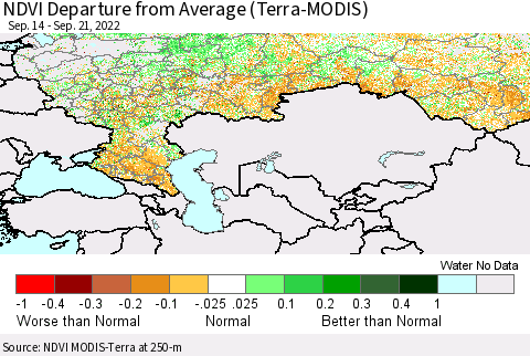 Russian Federation NDVI Departure from Average (Terra-MODIS) Thematic Map For 9/14/2022 - 9/21/2022