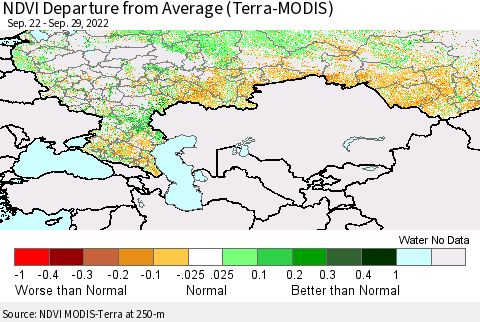 Russian Federation NDVI Departure from Average (Terra-MODIS) Thematic Map For 9/22/2022 - 9/29/2022