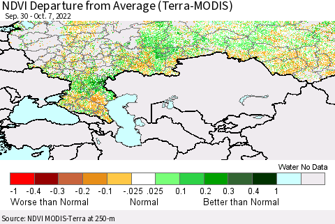 Russian Federation NDVI Departure from Average (Terra-MODIS) Thematic Map For 9/30/2022 - 10/7/2022