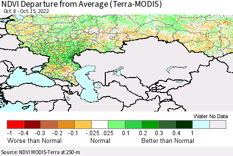 Russian Federation NDVI Departure from Average (Terra-MODIS) Thematic Map For 10/8/2022 - 10/15/2022