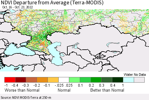 Russian Federation NDVI Departure from Average (Terra-MODIS) Thematic Map For 10/16/2022 - 10/23/2022
