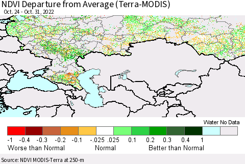 Russian Federation NDVI Departure from Average (Terra-MODIS) Thematic Map For 10/24/2022 - 10/31/2022